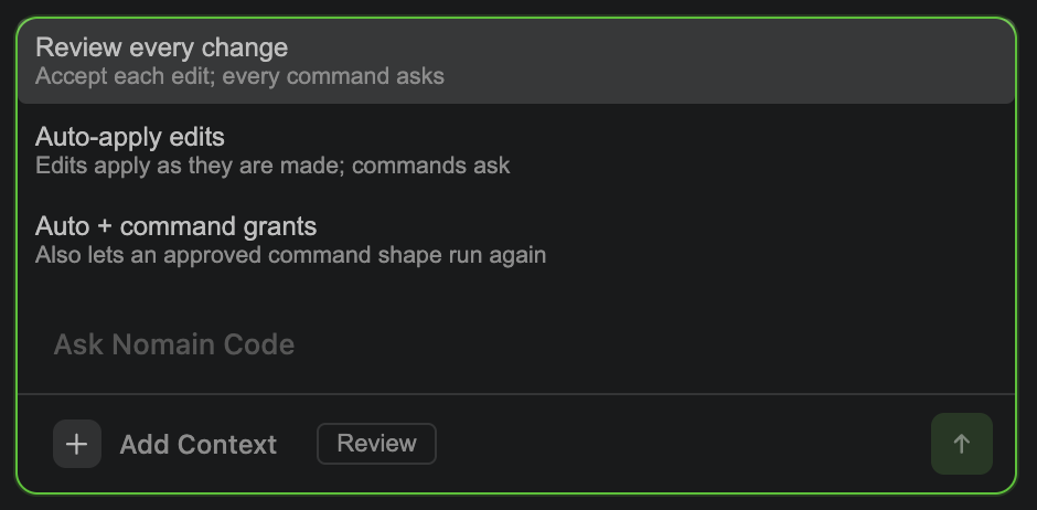 The approval-mode picker in the chat composer: Review every change, Auto-apply edits, and Auto + command grants