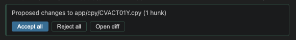 The proposed change in the chat, with Accept all, Reject all and Open diff