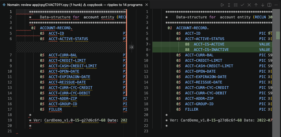 The edit review in VS Code: a proposed change to a COBOL copybook, flagged as used by other programs
