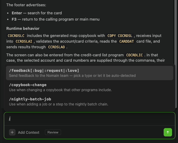 The slash menu in the composer, listing the project's skills